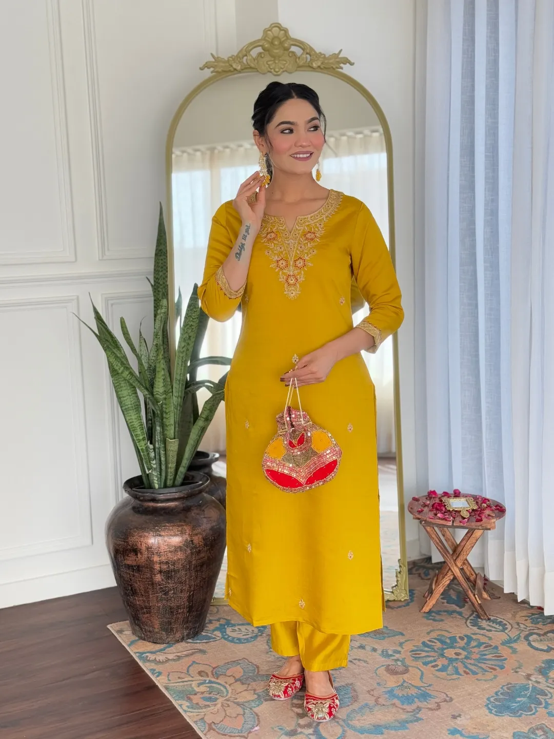 Mustard Embroidered Rayon Kurta Set with Printed Dupatta
