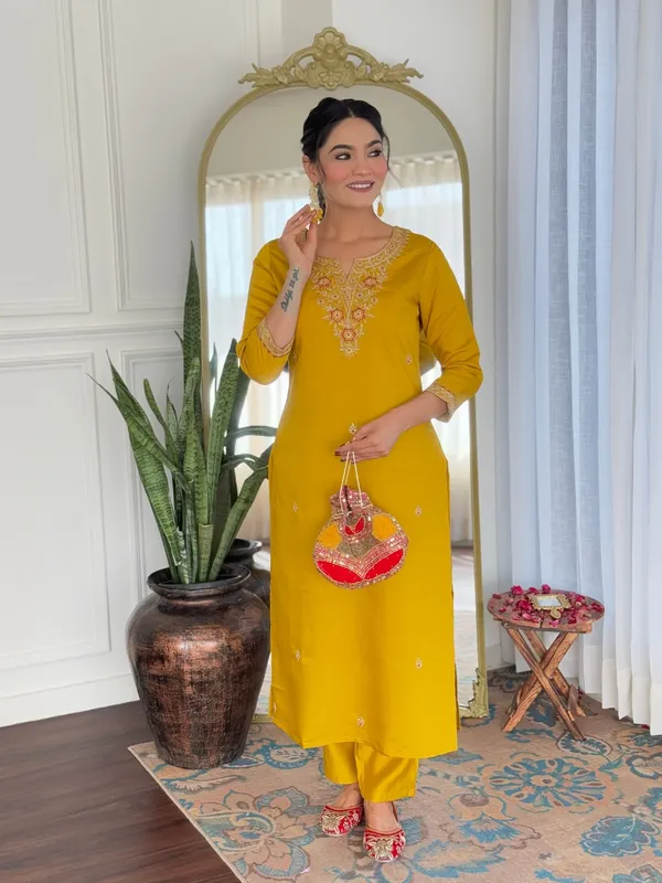 Mustard Embroidered Rayon Kurta Set with Printed Dupatta
