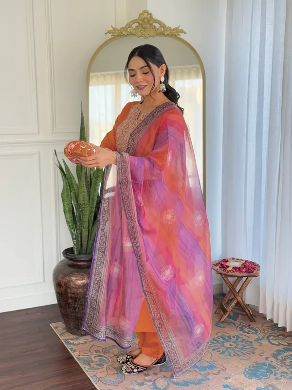 Orange Embroidered Rayon Kurta Set with Designer Dupatta