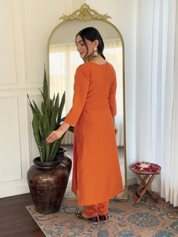 Orange Embroidered Rayon Kurta Set with Designer Dupatta