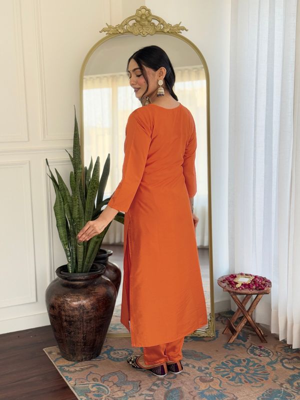 Orange Embroidered Rayon Kurta Set with Designer Dupatta