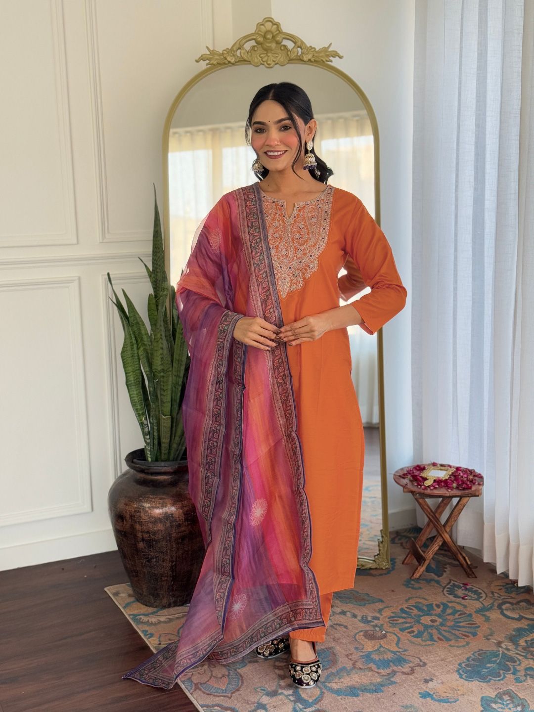 Orange Embroidered Rayon Kurta Set with Designer Dupatta