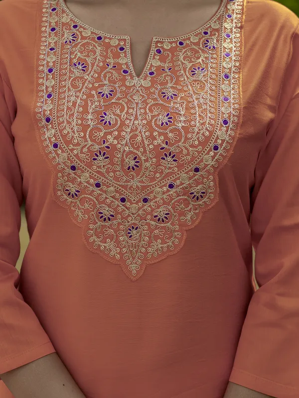 Orange Embroidered Rayon Kurta Set with Designer Dupatta