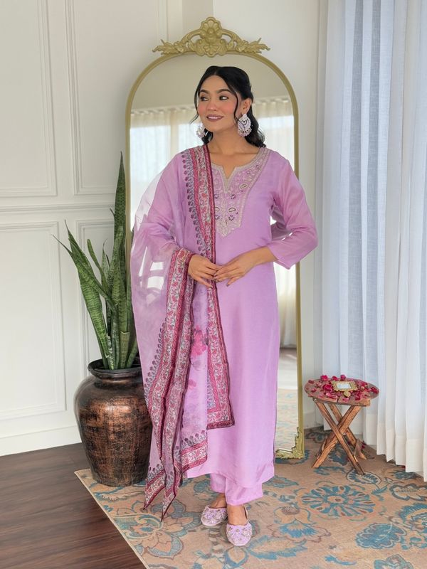 Lavender Embroidered Rayon Kurta Set with Printed Dupatta