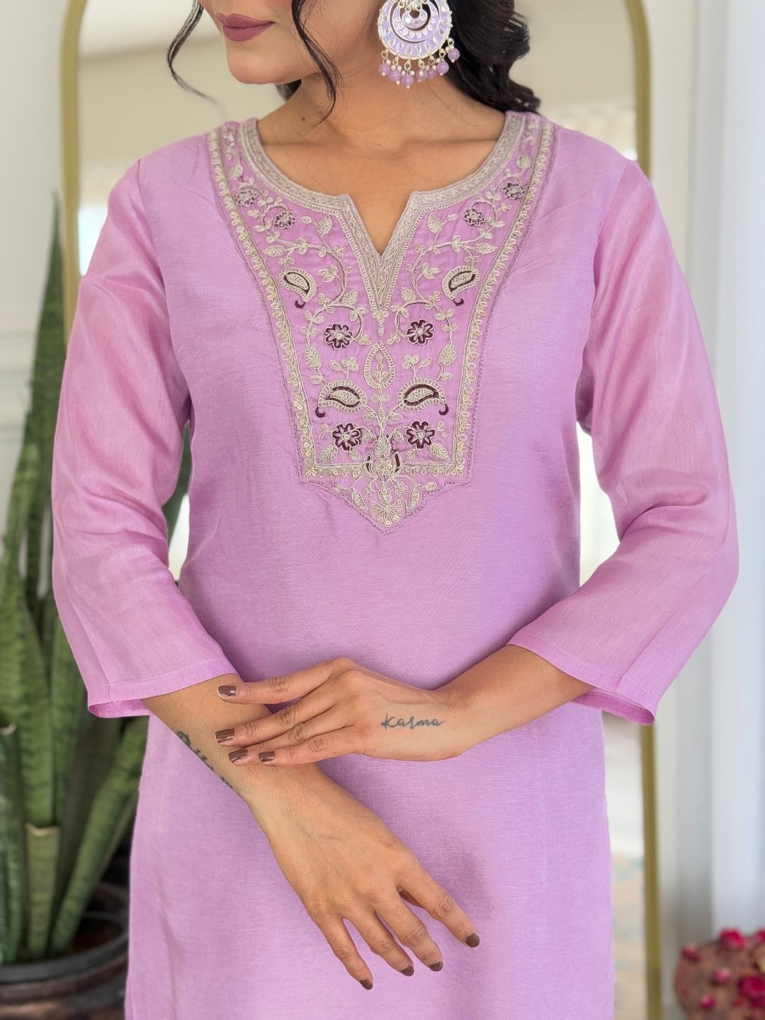 Lavender Embroidered Rayon Kurta Set with Printed Dupatta