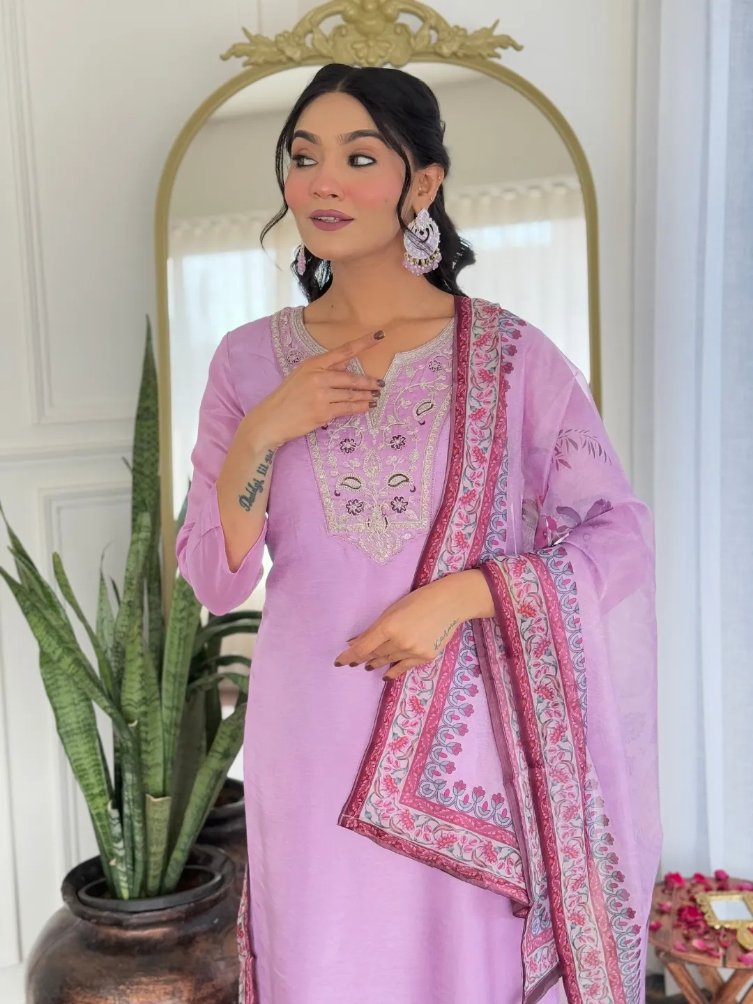 Lavender Embroidered Rayon Kurta Set with Printed Dupatta