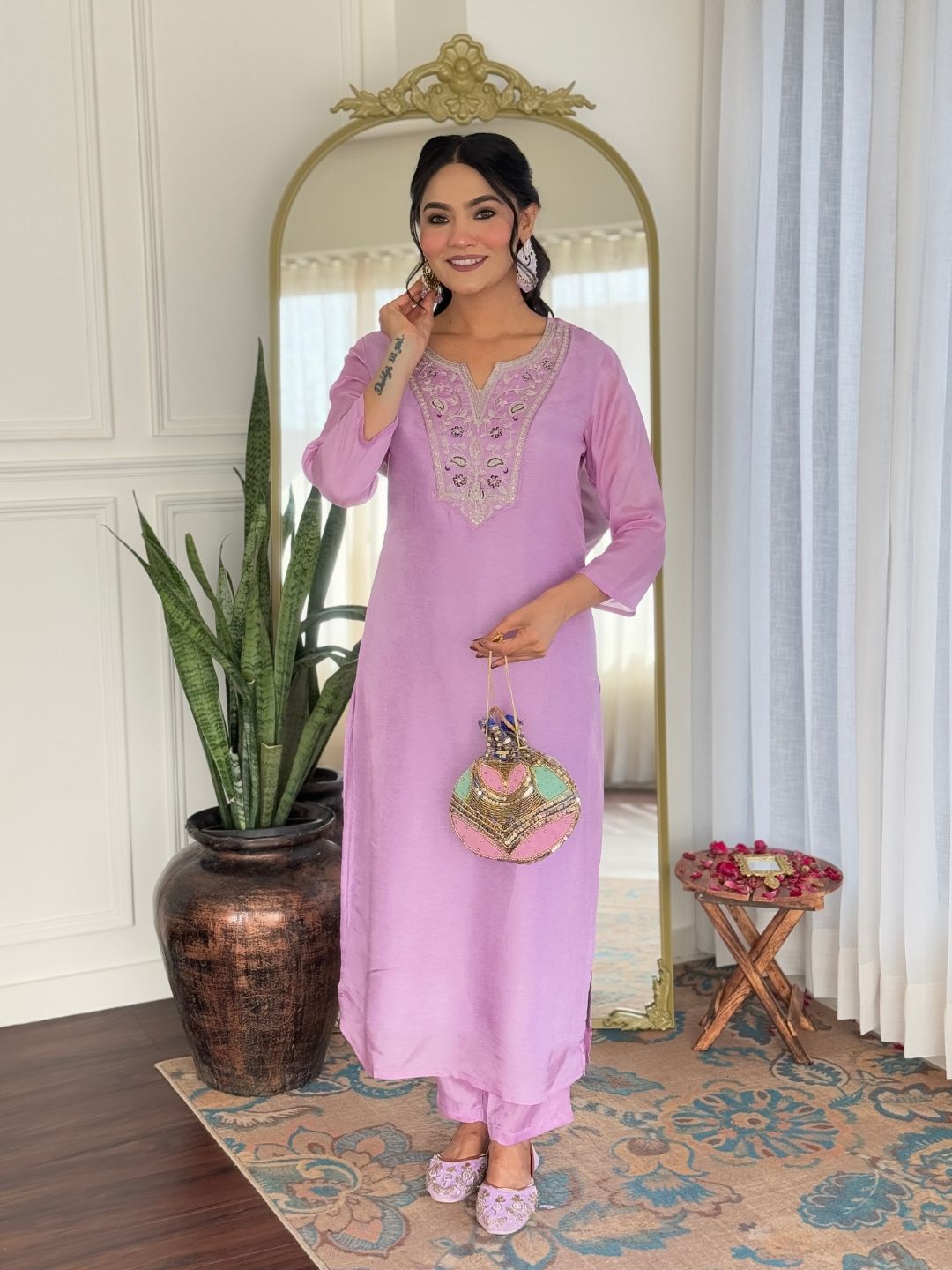 Lavender Embroidered Rayon Kurta Set with Printed Dupatta