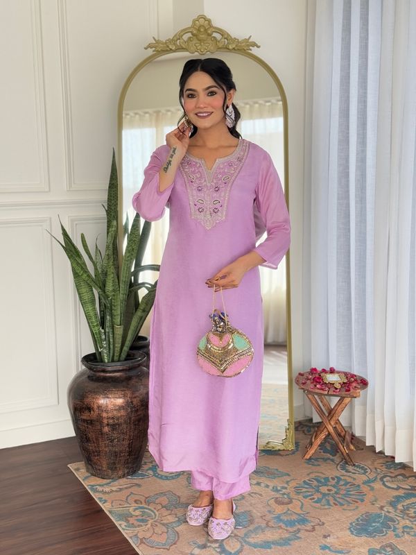 Lavender Embroidered Rayon Kurta Set with Printed Dupatta