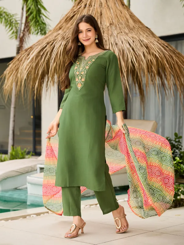 Mehendi Green Embroidered Rayon Kurta Set with Dupatta