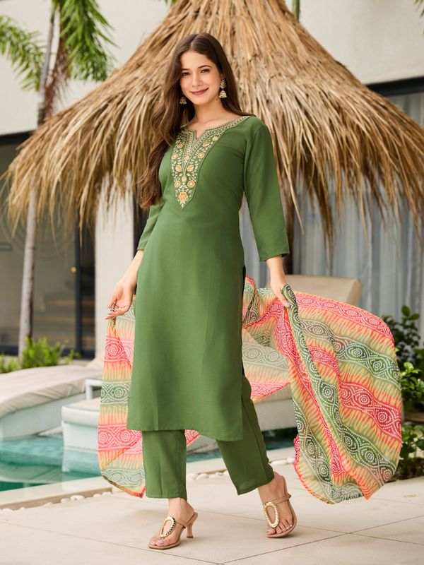 Mehendi Green Embroidered Rayon Kurta Set with Dupatta