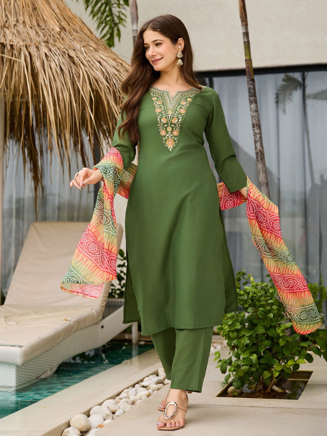 Mehendi Green Embroidered Rayon Kurta Set with Dupatta
