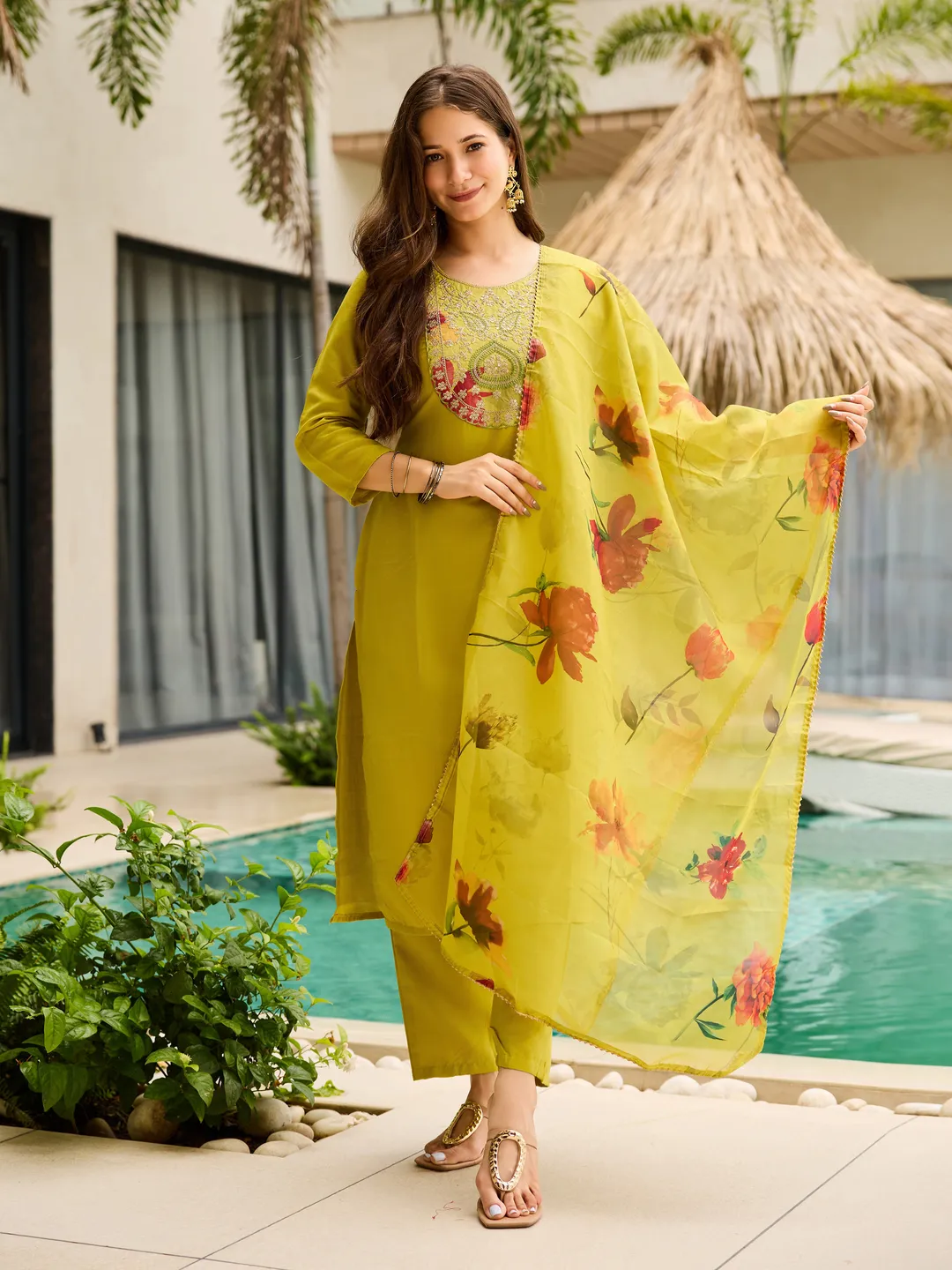 Olive Yellow Embroidered Kurti Set with Dupatta