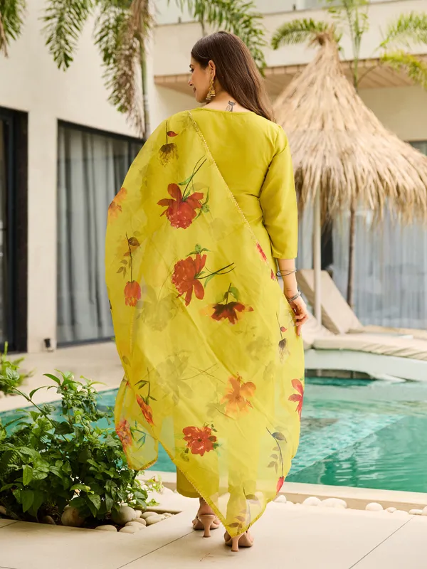 Olive Yellow Embroidered Kurti Set with Dupatta