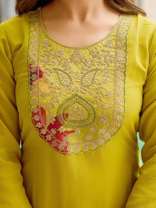 Olive Yellow Embroidered Kurti Set with Dupatta