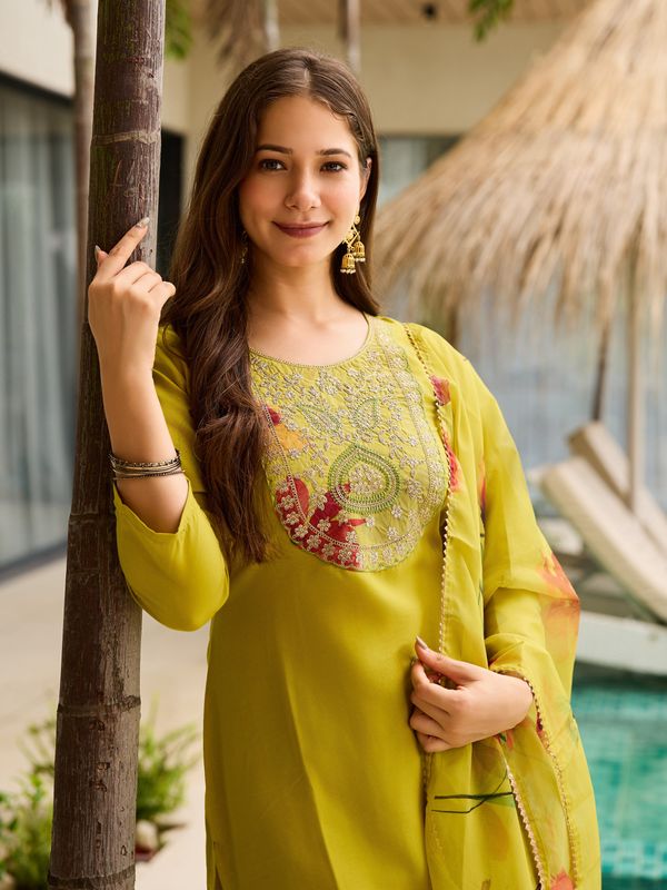 Olive Yellow Embroidered Kurti Set with Dupatta