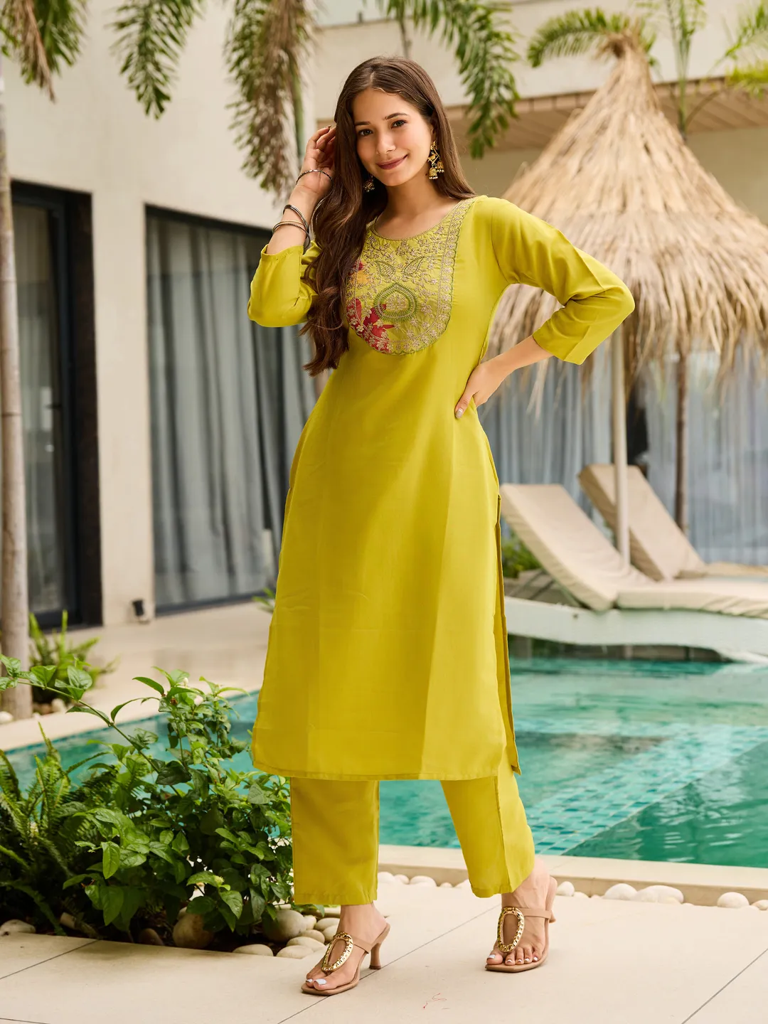 Olive Yellow Embroidered Kurti Set with Dupatta