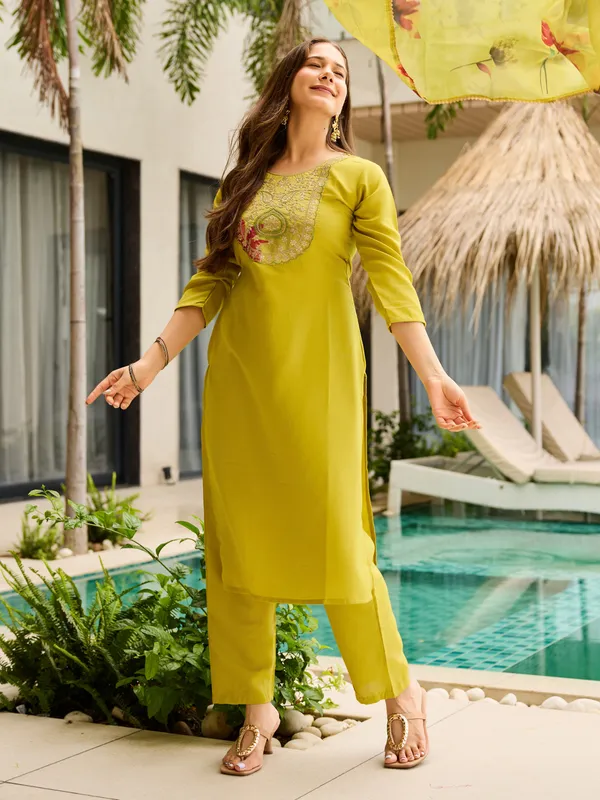 Olive Yellow Embroidered Kurti Set with Dupatta