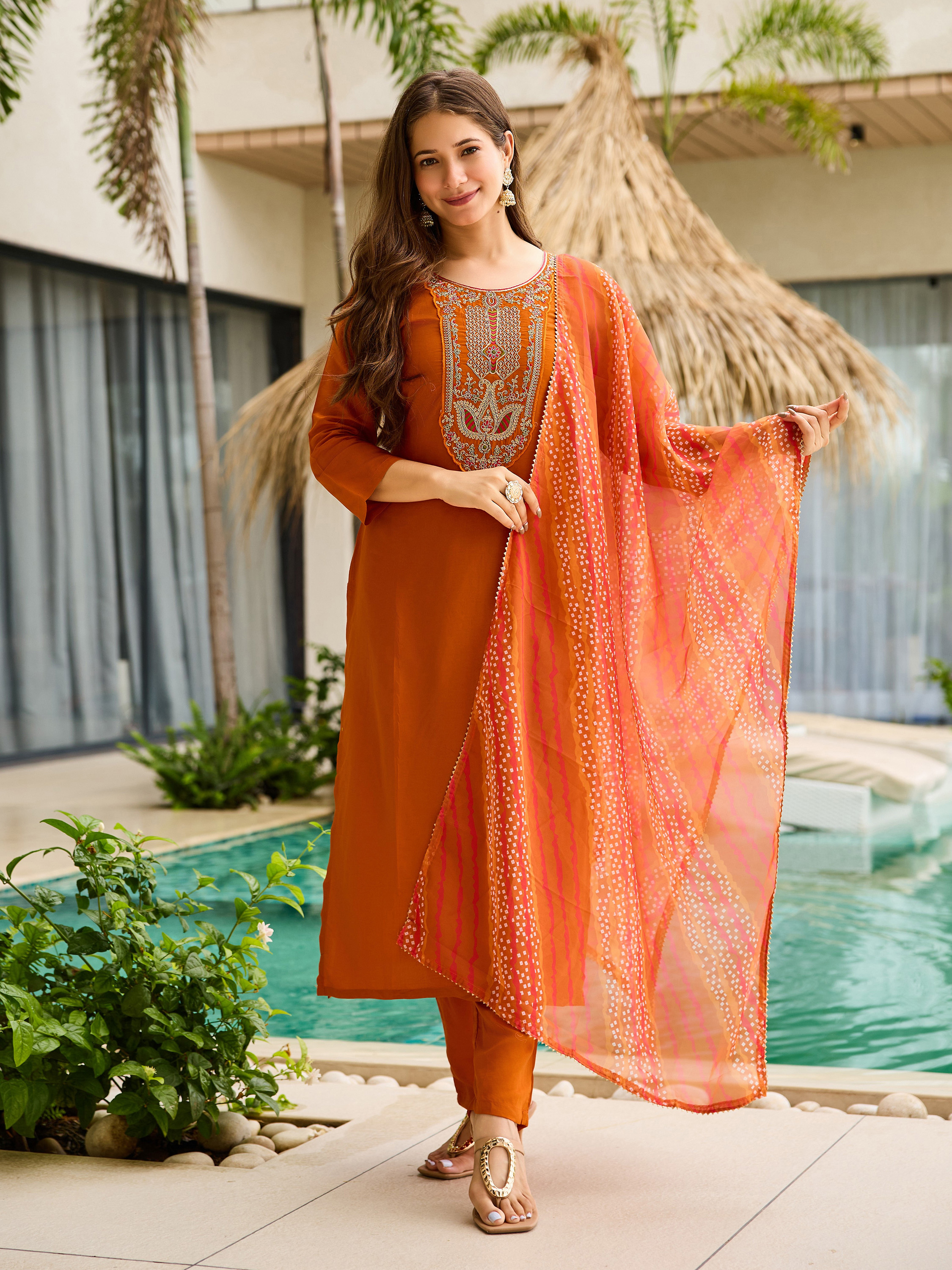 Embroidered red salwar suit for office