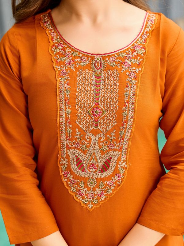 Rust Orange Embroidered Kurti Set with Dupatta