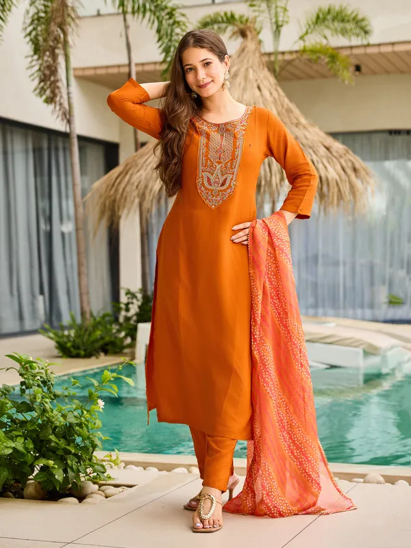 Rust Orange Embroidered Kurti Set with Dupatta