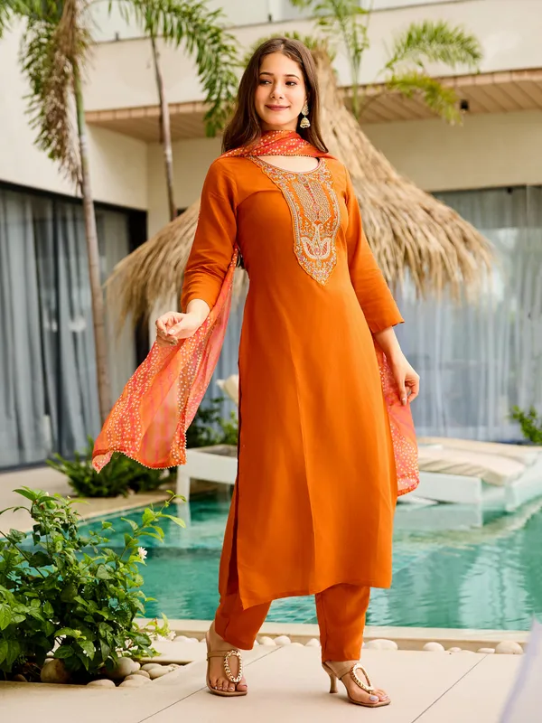Rust Orange Embroidered Kurti Set with Dupatta