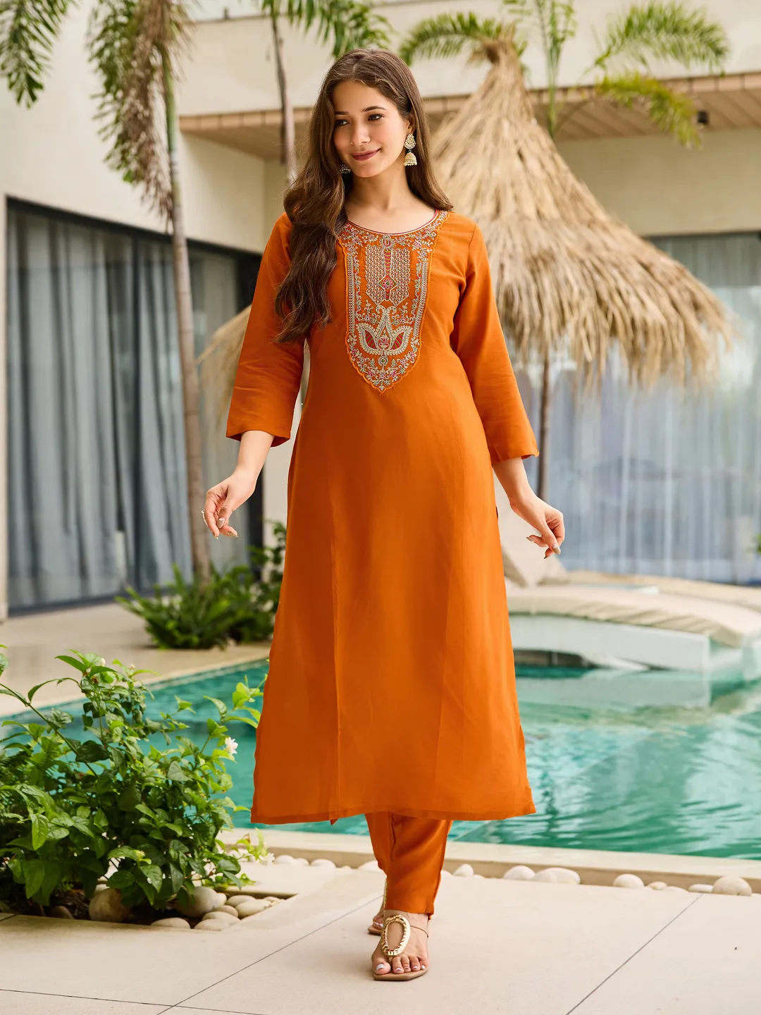 Rust Orange Embroidered Kurti Set with Dupatta