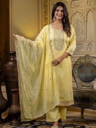 Elegant Yellow Cotton Kurti Pant Dupatta Set