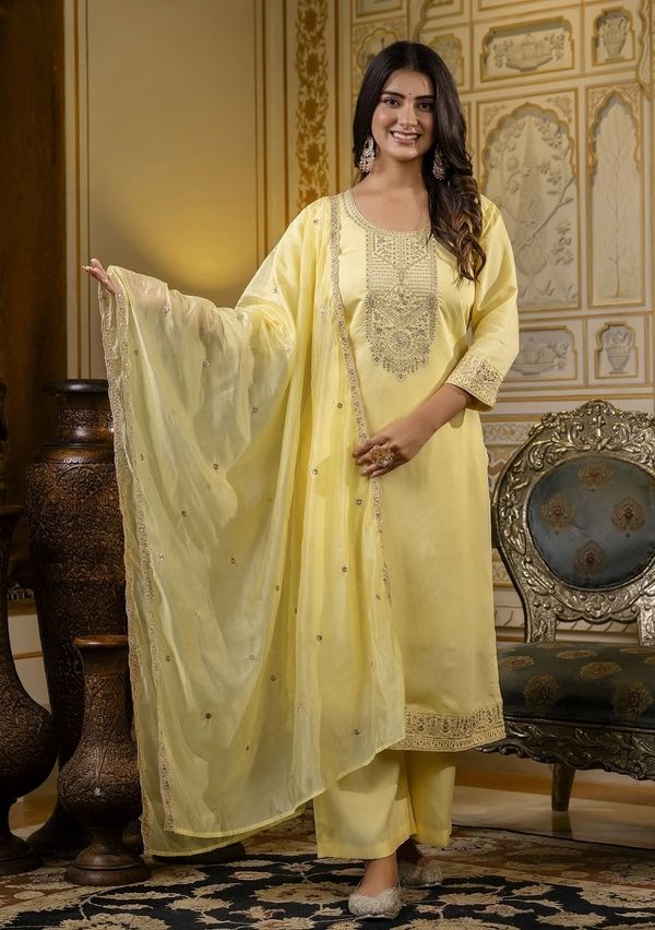 Elegant Yellow Cotton Kurti Pant Dupatta Set