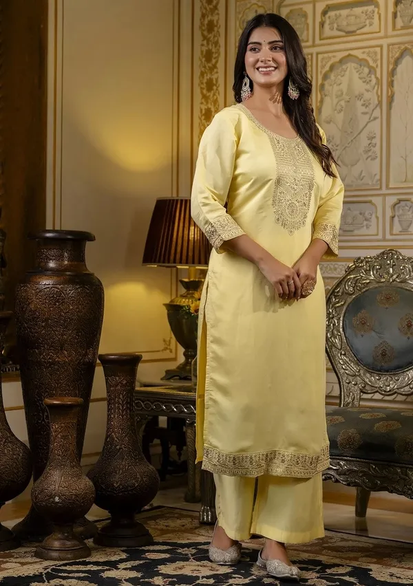 Elegant Yellow Cotton Kurti Pant Dupatta Set