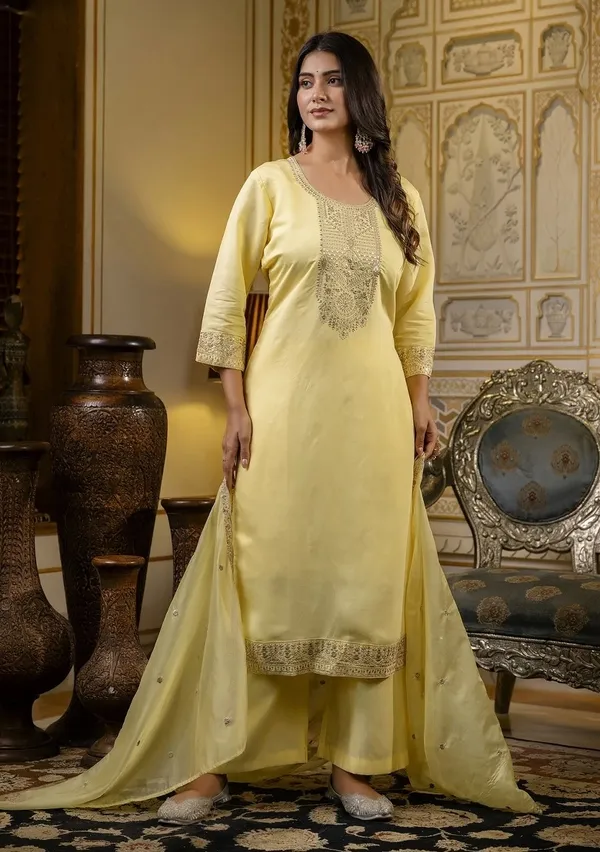 Elegant Yellow Cotton Kurti Pant Dupatta Set