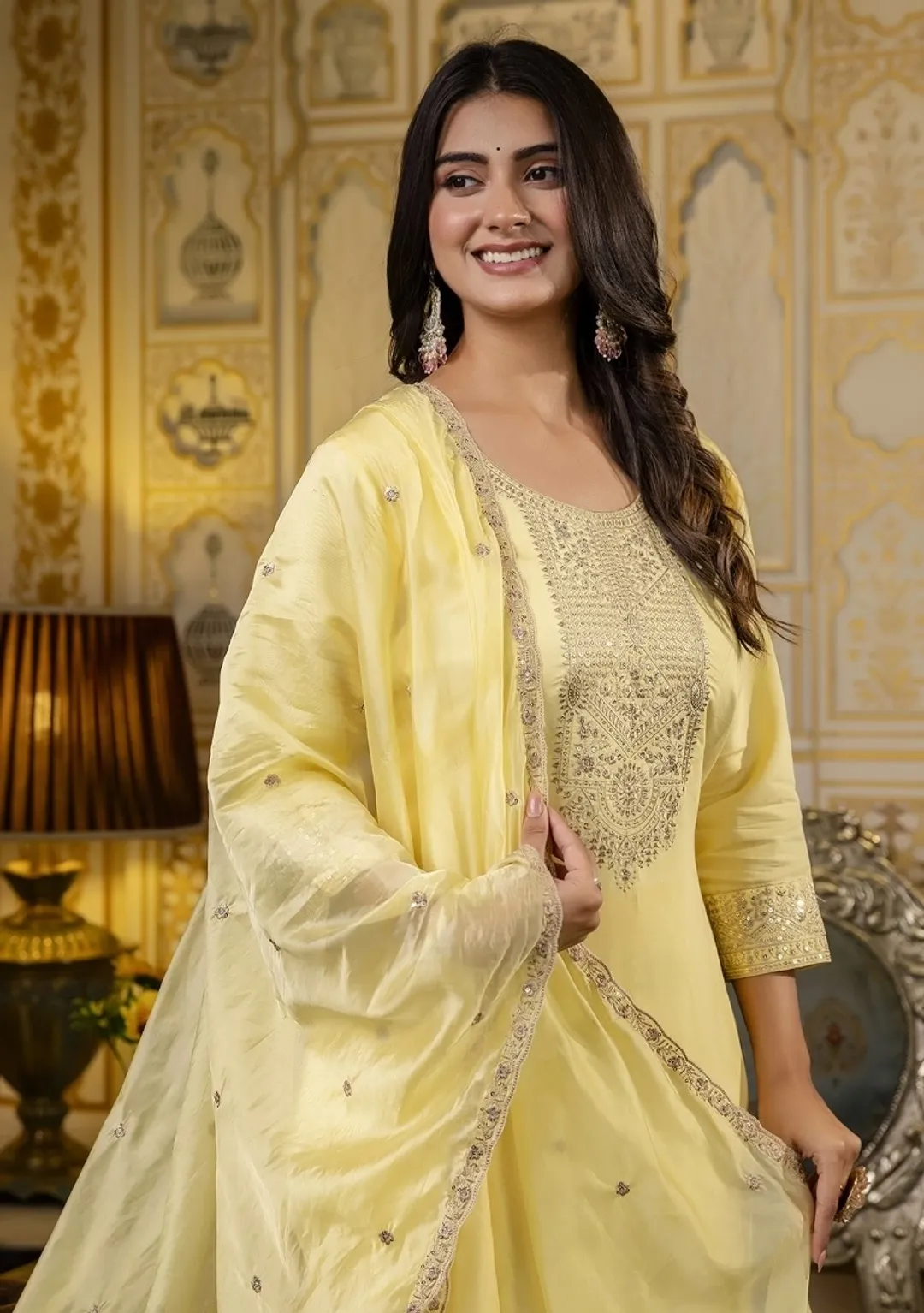 Elegant Yellow Cotton Kurti Pant Dupatta Set