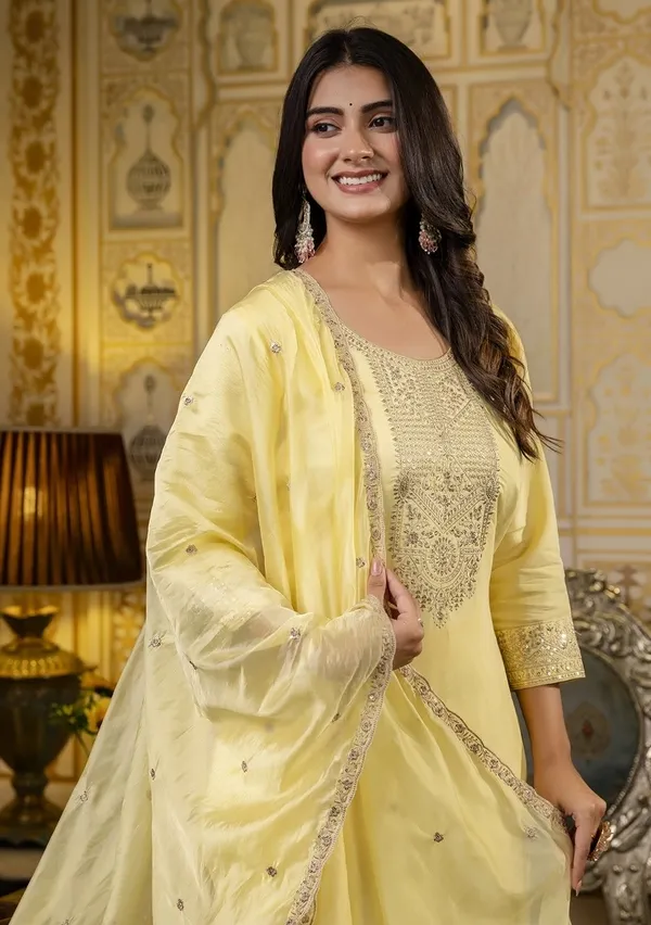 Elegant Yellow Cotton Kurti Pant Dupatta Set