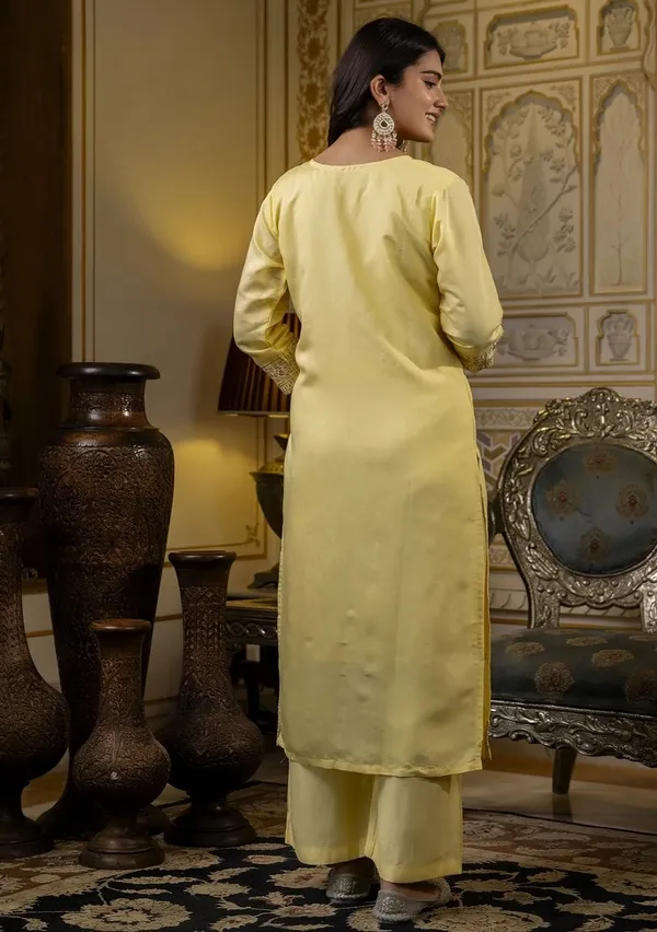 Elegant Yellow Cotton Kurti Pant Dupatta Set