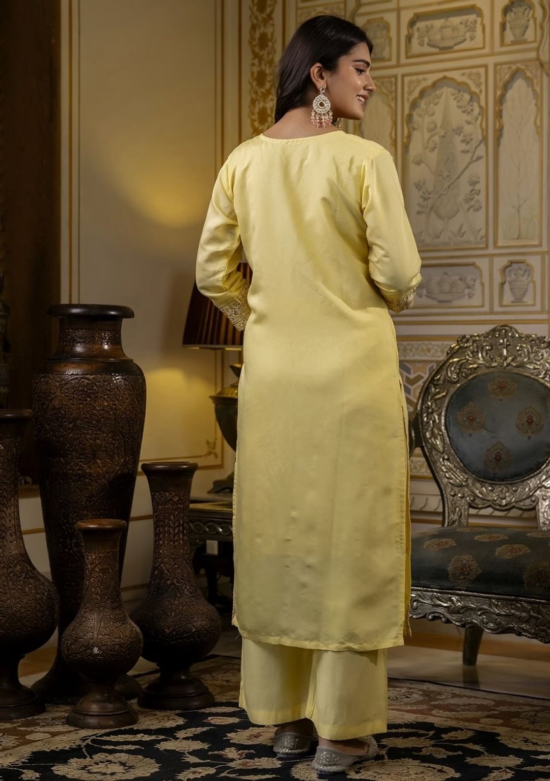 Elegant Yellow Cotton Kurti Pant Dupatta Set