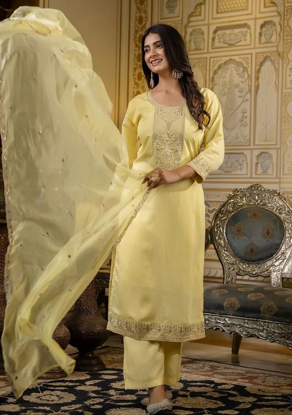 Elegant Yellow Cotton Kurti Pant Dupatta Set