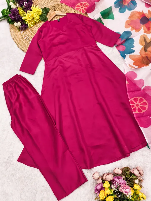 Elegant Rani Pink Ethnic Kurti Set with Organza Dupatta