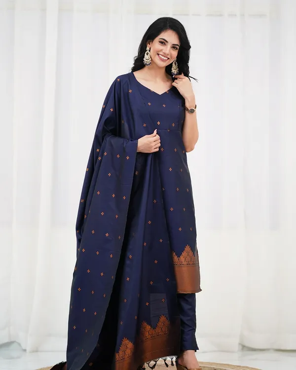 Royal Navy Silk Kurti Pant Set with Zari Dupatta