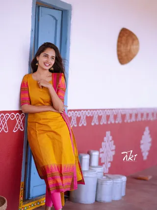 Classic Yellow Cotton Kurti Set with Woven Dupatta