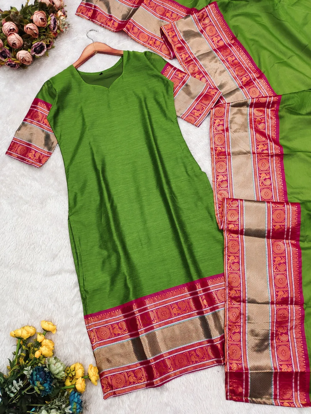 Graceful Parrot Green Straight Kurti Dupatta Set