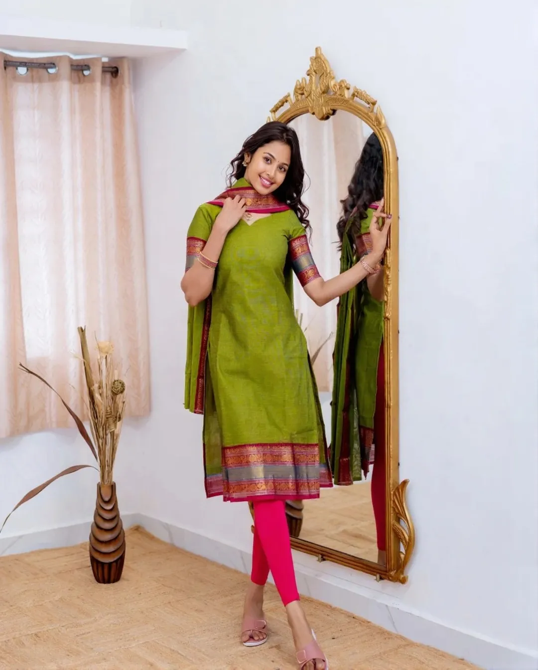 Graceful Parrot Green Straight Kurti Dupatta Set