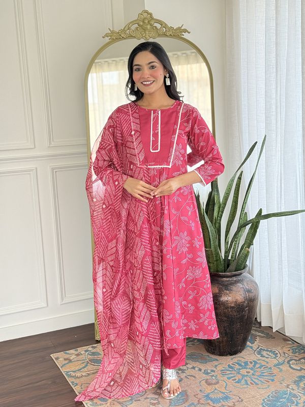 Rani Pink Embroidered Rayon Kurti Pant Dupatta Set