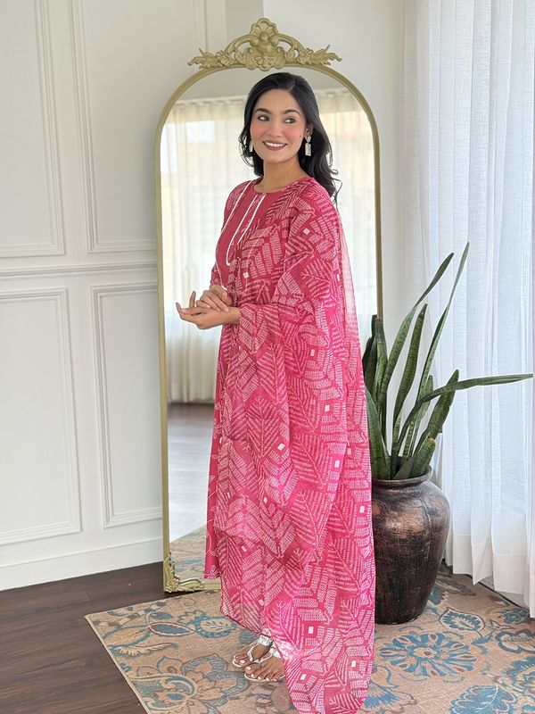 Rani Pink Embroidered Rayon Kurti Pant Dupatta Set
