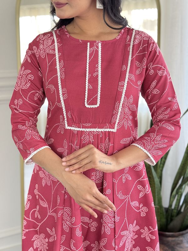 Rani Pink Embroidered Rayon Kurti Pant Dupatta Set