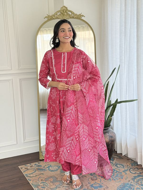 Rani Pink Embroidered Rayon Kurti Pant Dupatta Set