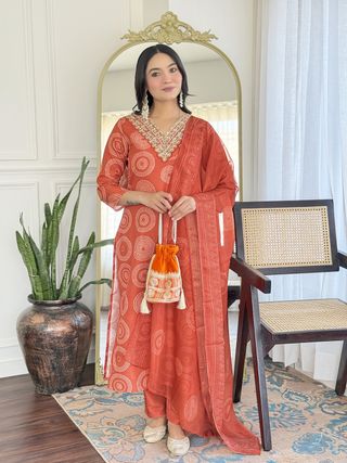 Rust Orange Embroidered Rayon Kurti Pant Dupatta