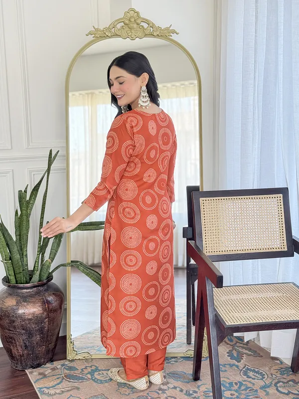 Rust Orange Embroidered Rayon Kurti Pant Dupatta
