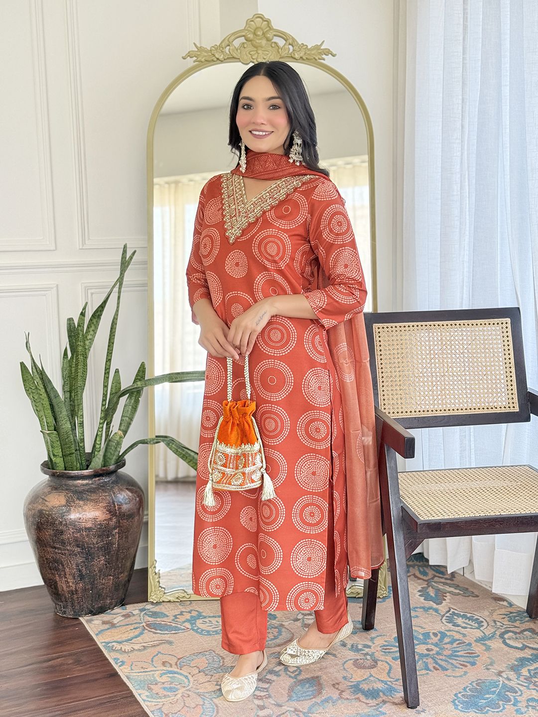 Rust Orange Embroidered Rayon Kurti Pant Dupatta