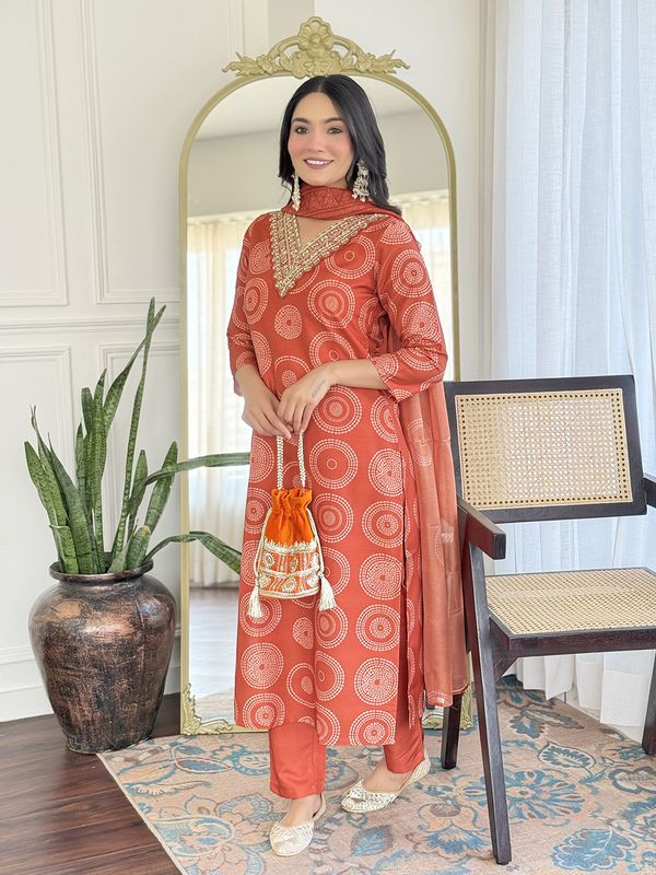 Rust Orange Embroidered Rayon Kurti Pant Dupatta