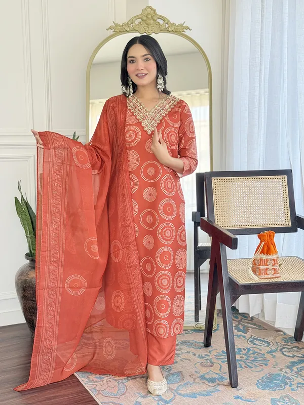 Rust Orange Embroidered Rayon Kurti Pant Dupatta