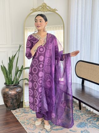 Purple Embroidered Rayon Kurti Pant Dupatta Set